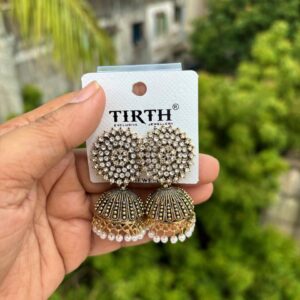 Golden white stone jhumka earring